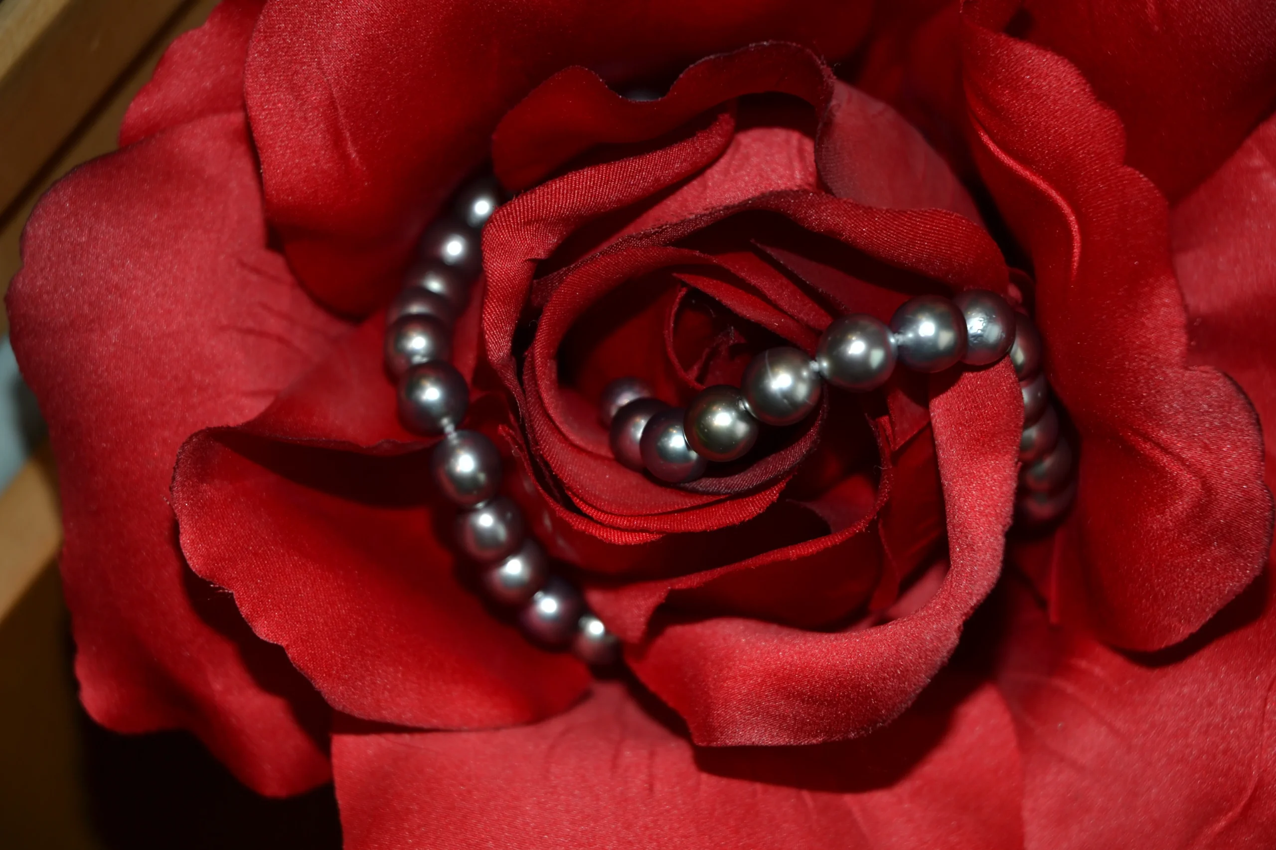 Beautiful dark pearl necklace elegantly displayed inside a red rose, highlighting expert pearl restringing and restoration services at Alexander Jewellery Chichester.